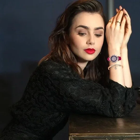 New Red Starry Sky Luxury Leather Strap Rose Gold Sapphire Bracelet Watch Set - Picture 8 of 16